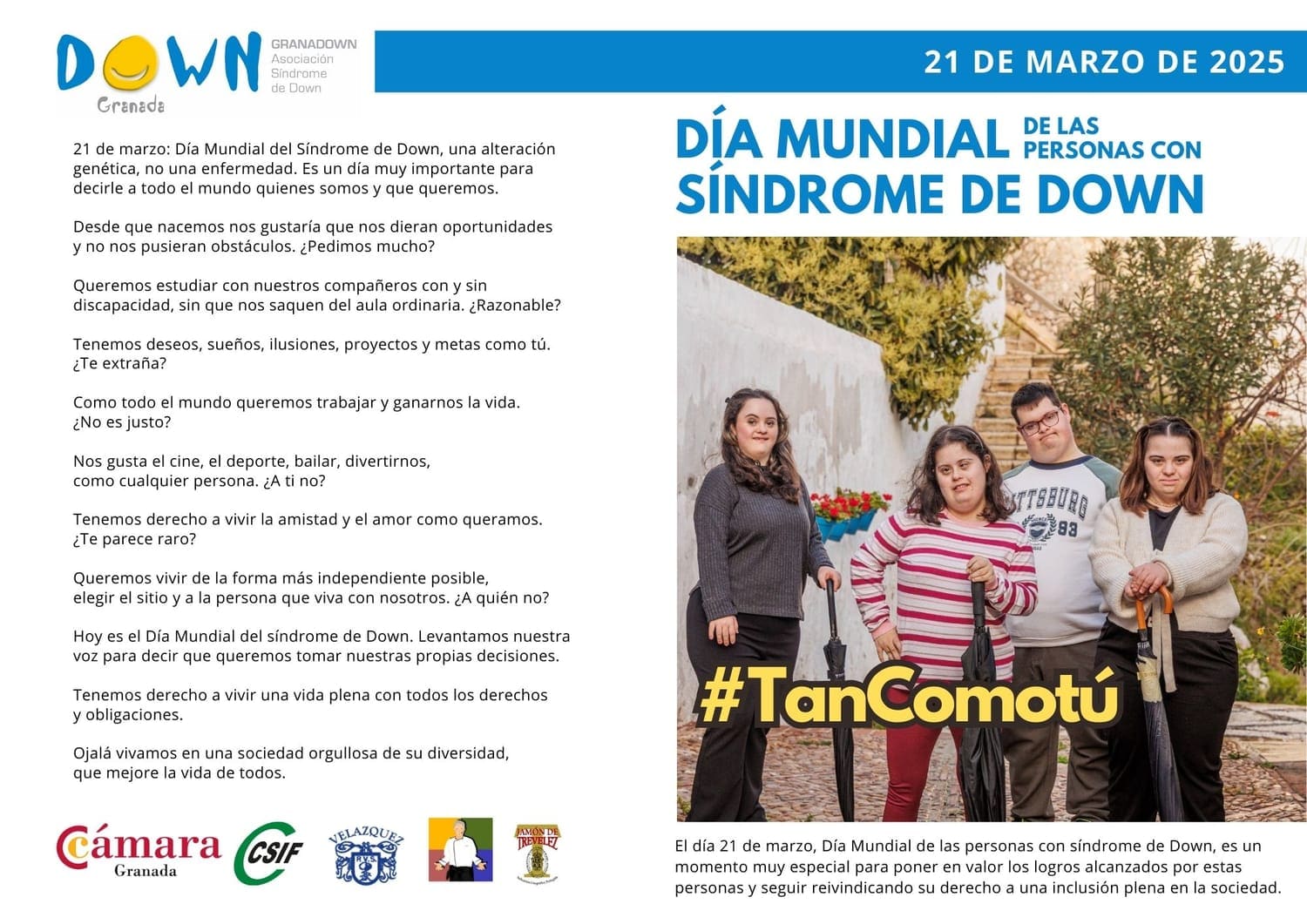 Díptico del Día Mundial del Síndrome de Down 2025, campaña Tan Como Tú